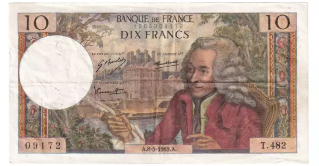 1969 France 10 Francs Banknote (Voltaire)