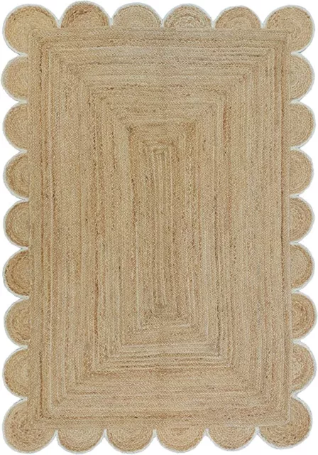 Scallop Design Jute Rug Rectangle  Handmade Area Jute Carpet- Beige + White