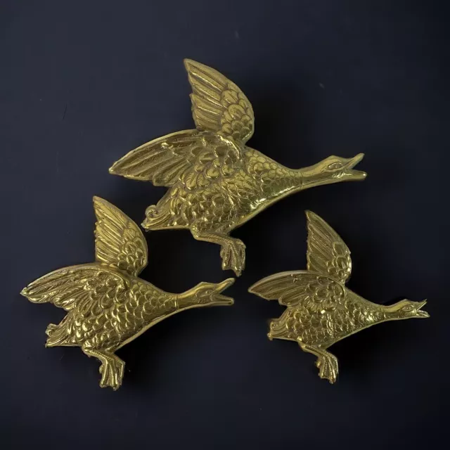 Set of 3 Vintage Brass Flying Canadian Geese Wall Hanging Plaques Decor Birds