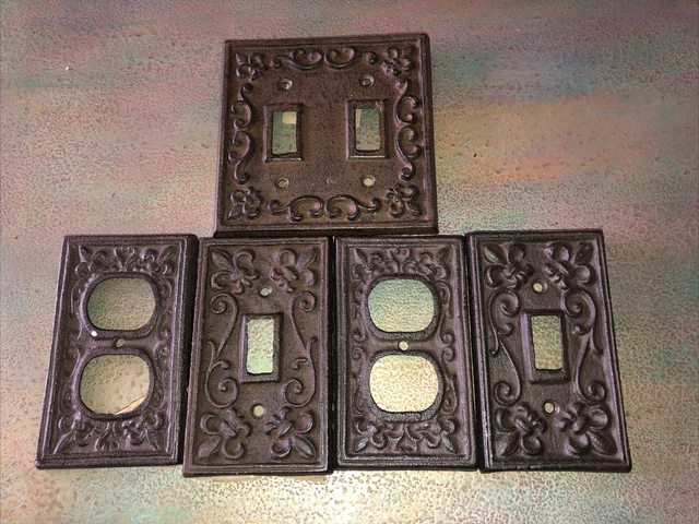 Ornate Fleur-De-Lis Outlet Plate Cover Dark Cast Iron Farmhouse Vintage Set Of 5