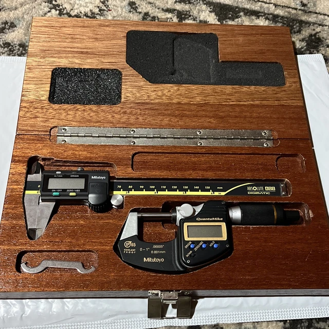 MITUTOYO DIGITAL 1& Micrometer and 6" Caliper Set Wood Box WORKS 200.
