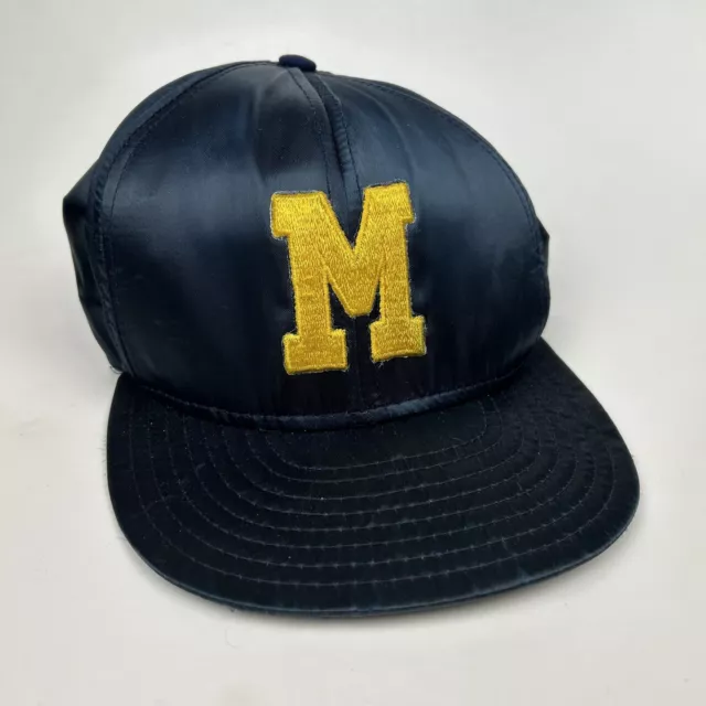 Vintage 90s University of Michigan Wolverines Block M Satin Baseball Hat Cap Blu