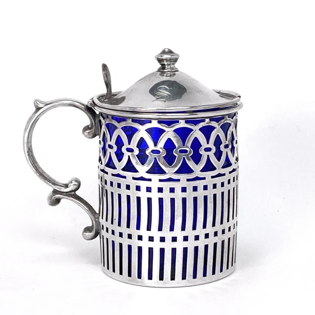 Watson Sterling Silver Mustard Pot with Cobalt Blue Glass Liner