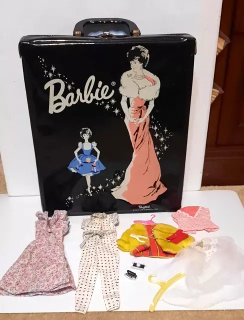 Vintage 1962 BARBIE Mattel Black Vinyl Ponytail Barbie Doll Case & Clothes Lot