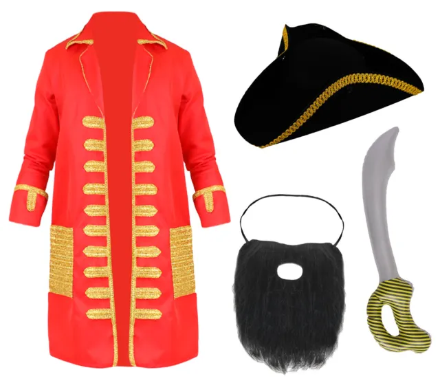 Adults Red Pirate Coat Captain Caribbean Mens Ladies Unisex Costume Fancy Dress