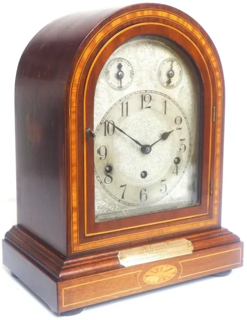 Antique German mahogany 8-Day Mantel Clock Inlaid Musical Bracket Clock by HAC