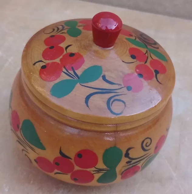 Vintage Antique Retro Wood Wooden Box Trinket Storage pot Tub Lidded cherries