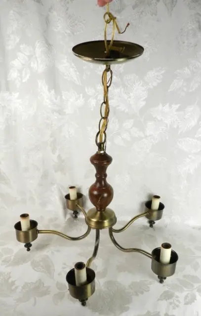 Vtg Colonial Style Chandelier 5 Arm Wood Spindle Brushed Brass No Globes 18" H