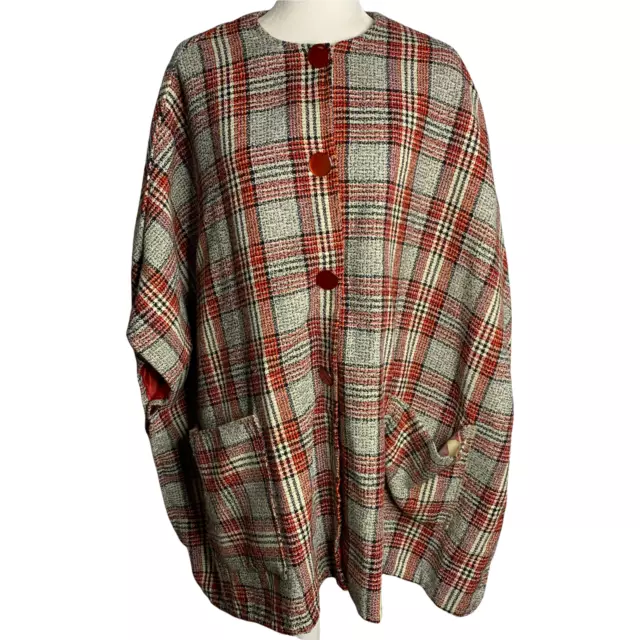 Vintage 60s Wool Cape Coat Mod One Size Grey Red Plaid Snaps Pockets Lined