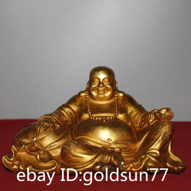 8.6“Exquisite Chinese old antique bronze gilt Golden bag Maitreya Buddha statue