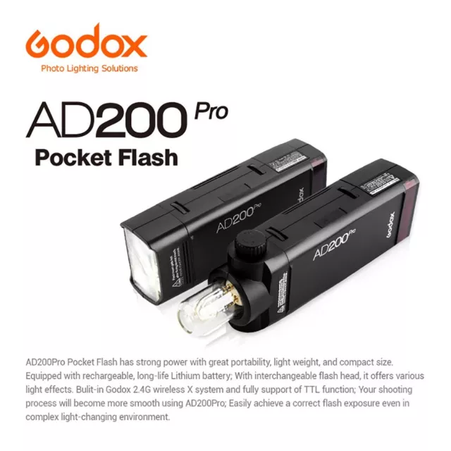 US Godox AD200pro TTL HSS Dual Head Pocket Camera Flash Speedlite+Carry Case