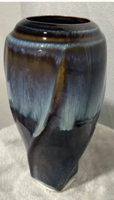 🪻Bill Campbell Studio Art Pottery Twist Drip Glaze Blue Purple Vase 9" Signed