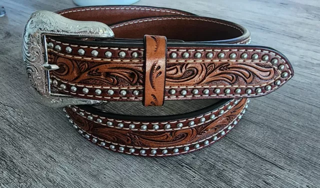 Western Cowboy Leather Belt Tooled Floral Brown Ranger Rodeo Studded Size 42
