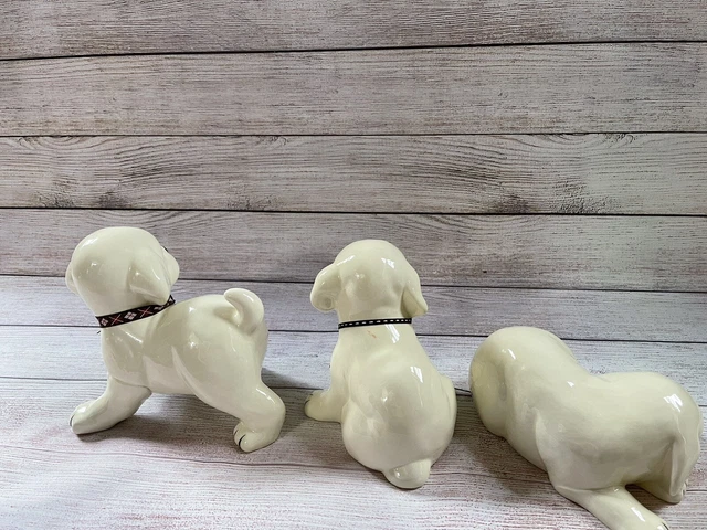 Vintage Large Ceramic Puppy Statue Figurines Set Of 3 Cream/white 5