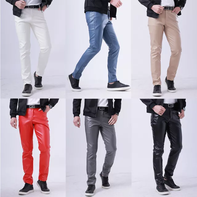 Uomo Slim Fit Similpelle Pantaloni Casual Aderente Motociclista Nuovi -