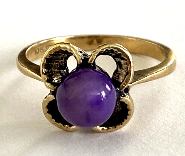 Antique Classy Floral Ladies Ring 10K Solid Yellow Gold Purple Bead Size 5.75