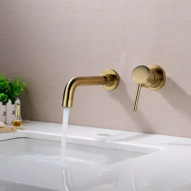 Brass Wall Mounted Swivel Spout Sink Faucet Basin Mixer Taps Brushed Gold/Black