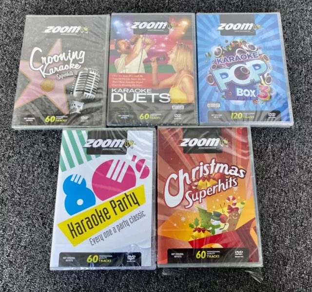 Set of 5 damaged but factory sealed Karaoke DVD sets from Zoom Karaoke