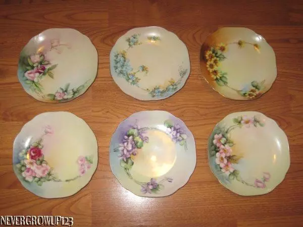 Set/6~Hermann Ohme Silesia Antique Dessert Plates~Hand Painted~Scalloped~Floral