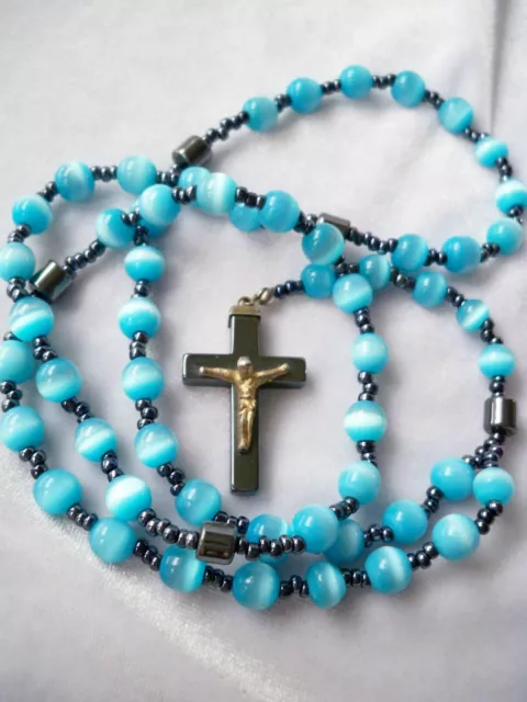 Aqua Blue Cat's Eye Bead Rosary Hematite Cross Pendant Necklace