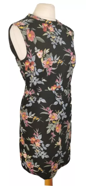 OASIS Sleeveless Belted Dress Pockets Cotton  Size 16 Black Floral Bird Print