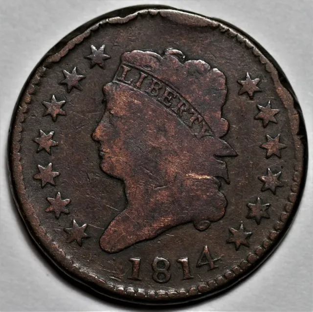 1814 Classic Head Large Cent - Plain 4 - Rim Damage - US 1c Copper Penny - L39