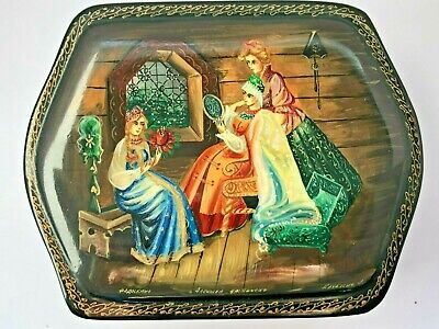 Antique Russian Hand Painted Lacquer Wooden Box Signed By Artist RARE