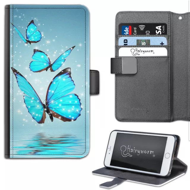 Hairyworm Three Blue Butterflies Deluxe PU Leather Wallet Phone Case;Flip Case