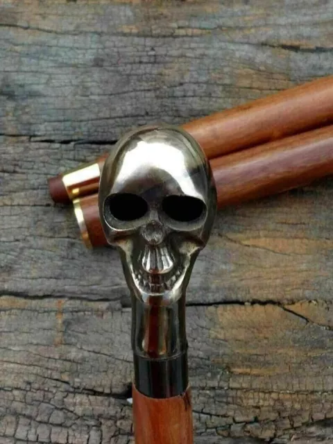 Bastón antiguo hecho a mano con cabeza de calavera de latón antiguo...