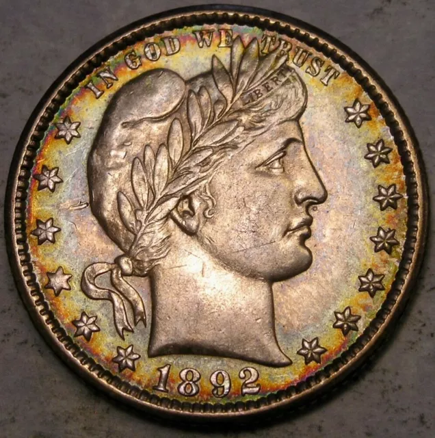 1892 O Barber Liberty Head Silver Quarter Crisp Details Gorgeous Rainbow Toning