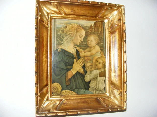 Sérigraphie Vintage Encadrée – Dame Avec Enfant – Cadre Bois Doré, Feuilles 24k – 17x23 Cm