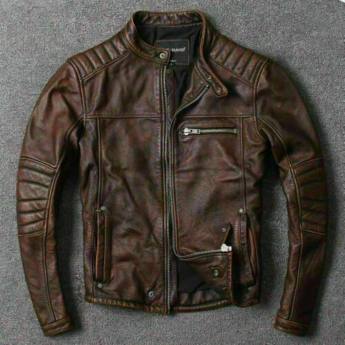 Men’s Motorcycle Biker Vintage Cafe Racer Distressed Brown Real Leather Jacket