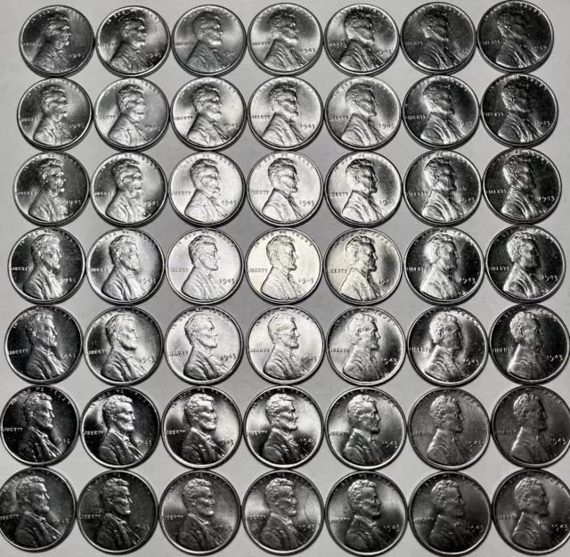 1943-P BU LOT Lincoln Wheat STEEL Cent Penny Cent 50 Coin roll All UNC!!!