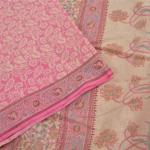 Sanskriti Vintage Sarees Pink Kota Doria Printed Pure Cotton Sari Craft Fabric
