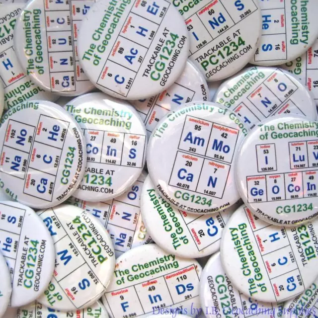 Chemistry of Geocaching Trackable Button Badges (Various Designs, Unactivated)