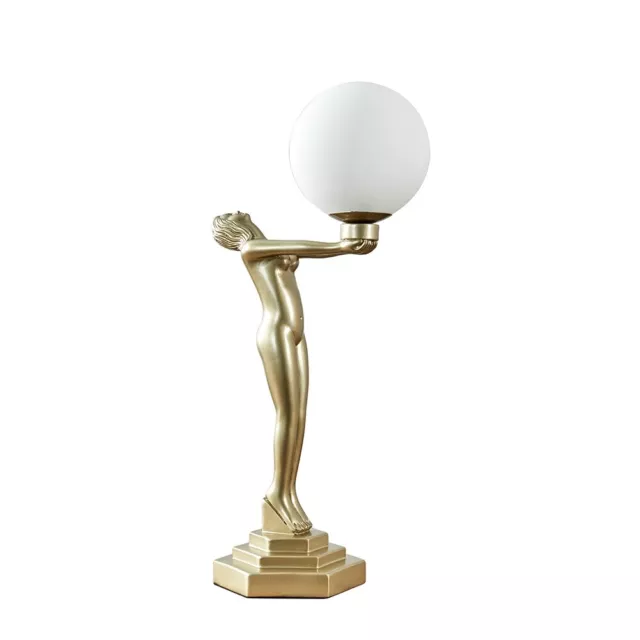 Table Lamp Retro Gold Art Deco Woman Design Light Frosted Lampshade LED Bulb