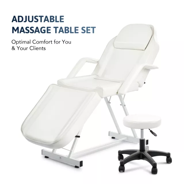 3 Section Massage Table w Headrest Armrests & Stool for Home Salon Parlor White