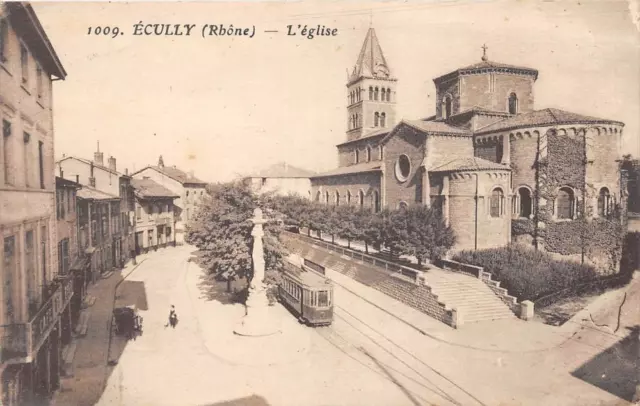 Cpa 69 Ecully L'eglise Tramway