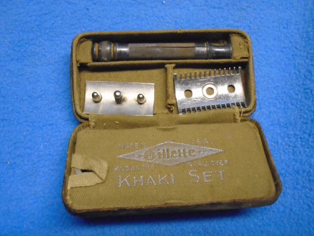 Vintage WWI US Army Gillette Khaki Set Safety Razor With Mirror WW1 #G50852
