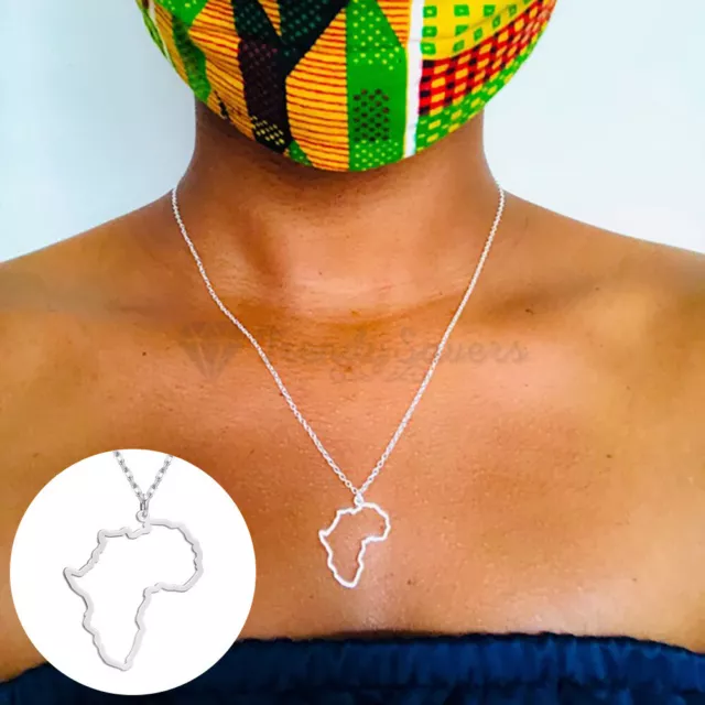 Silver Necklace Africa Map Outline Motherland Pendant Chain Sterling Silver UK