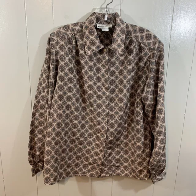 Alfred Dunner Brown Paisley Long Sleeve Button Down Career Casual Top 12