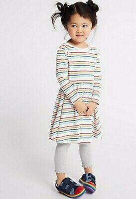 New Girls Cotton Striped Dress Rainbow Stripe Long Sleeve Ex M&S 12M to 7 Years