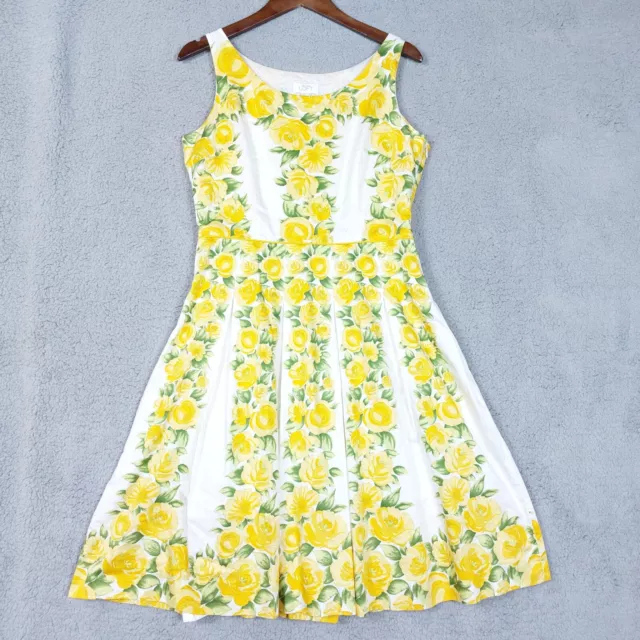 Ann Taylor Loft Dress Women 12 Yellow Floral Rose Pleated Sleeveless Midi Summer