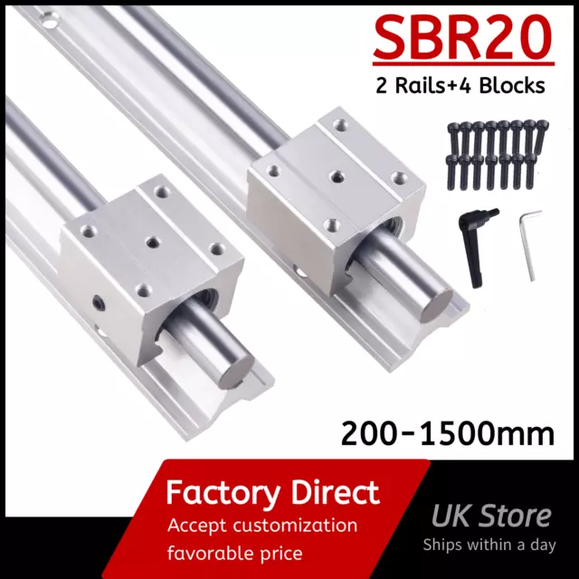 2X SBR20 200mm-1500mm Linear Rails Supported Sliding Guide + 4XSBR20UU Block CNC