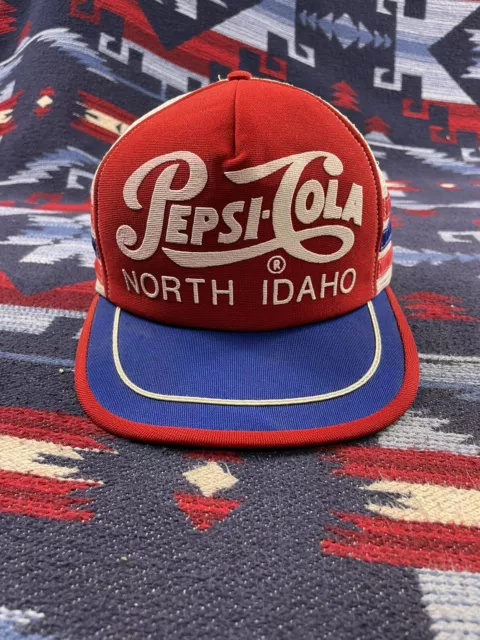 VTG Pepsi Cola 3 Stripe Blue Snapback Mesh Trucker Hat North Idaho Red Blue USA