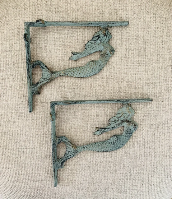 2 Cast Iron MERMAID Brackets Garden Braces Shelf Bracket Corbels Beach Nautical