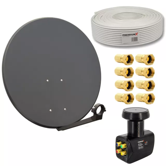 PremiumX SAT Anlage 80cm Satelliten Spiegel Schüssel Antenne Quad LNB 50m Kabel