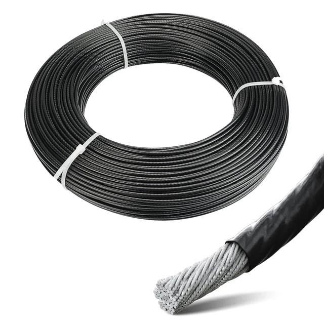 85feet Wire Rope Black Vinyl Coated 1/16" Overmolded to 3/32" Stainless Steel
