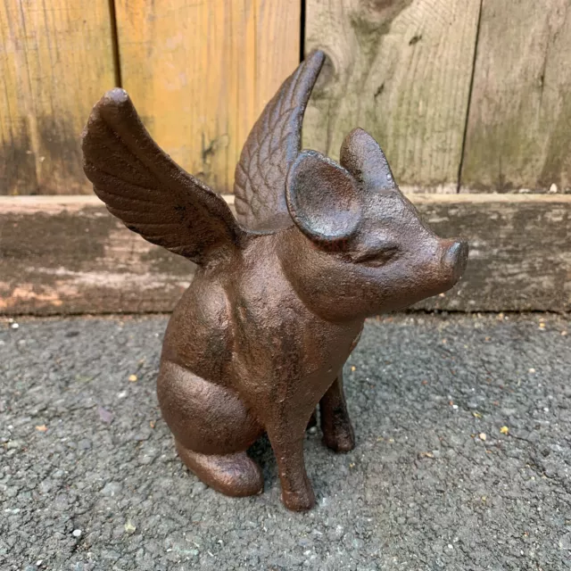 Angel Pig Ornament Rustic Cast Iron Garden Wings Flying Animal Sitting Sculpture