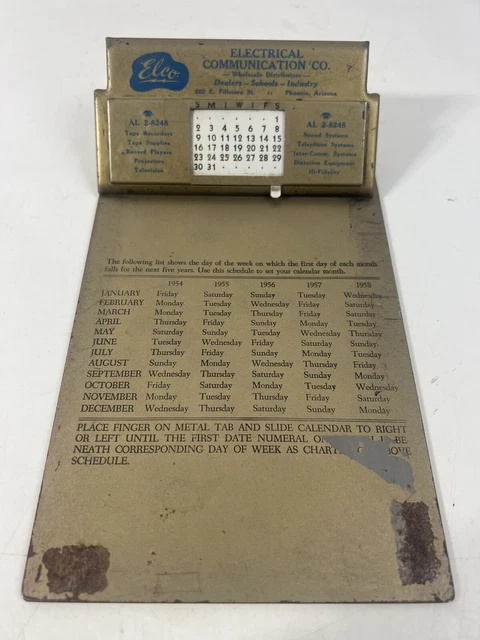 1954 ELCO Metal Promo Clipboard Calendar Electrical Communication Co Phoenix